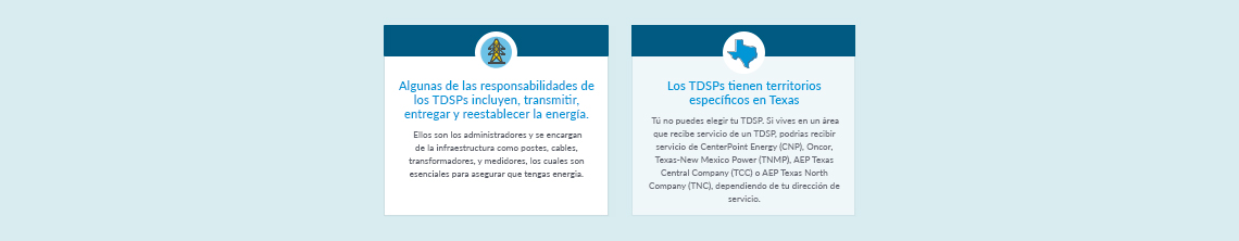 Algunas de las responsabilidades de los TDSPs incluyen, transmitir, entregar y reestablecer la energía.   Ellos son los administradores y se encargan de la infraestructura como postes, cables, transformadores, y medidores, los cuales son esenciales para asegurar que tengas energía.  Los TDSPs tienen territorios específicos en Texas   Tú no puedes elegir tu TDSP. Si vives en un área que recibe servicio de un TDSP, podrías recibir servicio de CenterPoint Energy (CNP), Oncor, Texas-New Mexico Power (TNMP), AEP Texas Central Company (TCC) o AEP Texas North Company (TNC), dependiendo de tu dirección de servicio.